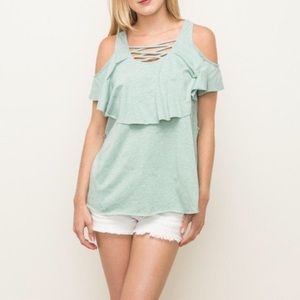 Green with envy ruffled cold shoulder top